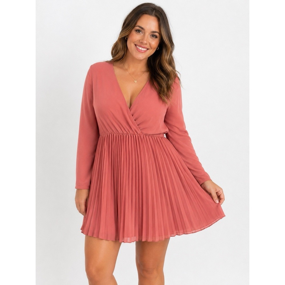 Pretty Little Things Pink Pleated Dress Long Sleeve Deep V Large Vintage Style‎